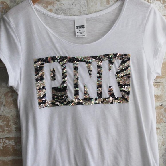 PINK Victoria's Secret Tops - VS Pink S/S Animal Print Sequins Logo Tee, Hi-lo